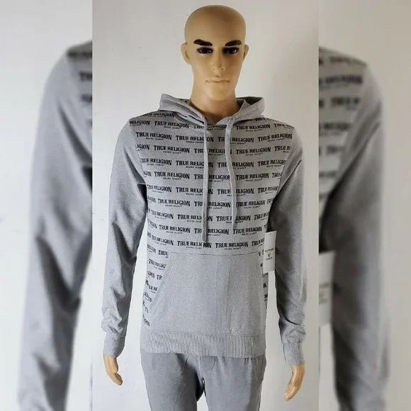 TRUE RELIGION LOUNGEWEAR HODDIE MEN ALLOVER PRINT SCRIPT REPEAT LOGO SIZE S GREY - Picture 5 of 11
